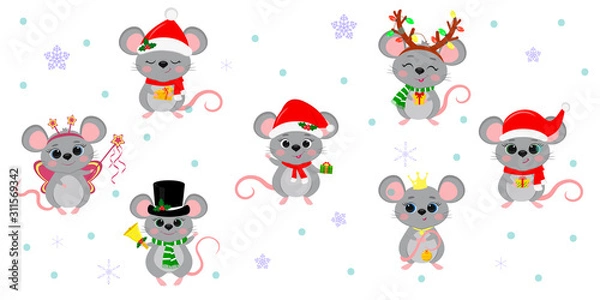 Fototapeta Christmas and New Year 2020. Set of seven cute mouse rats in different costumes with holiday accessories on a background of snowflakes. Cartoon, flat style, vector