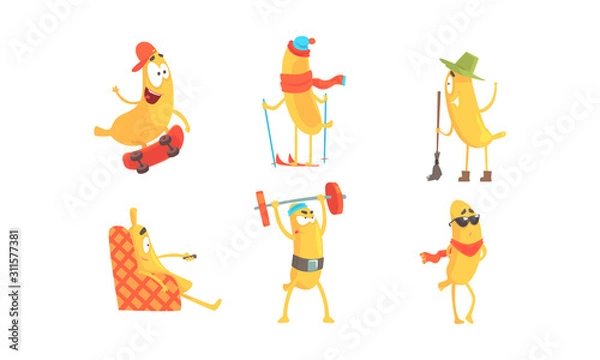 Fototapeta Cartoon Banana Character Doing Various Activities Vector Set