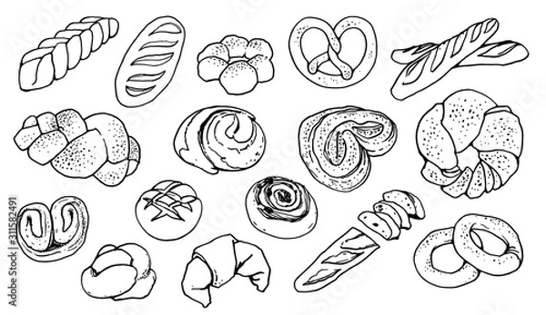 Fototapeta Bread vector hand drawn set illustration on white background. Various types of bakery products.