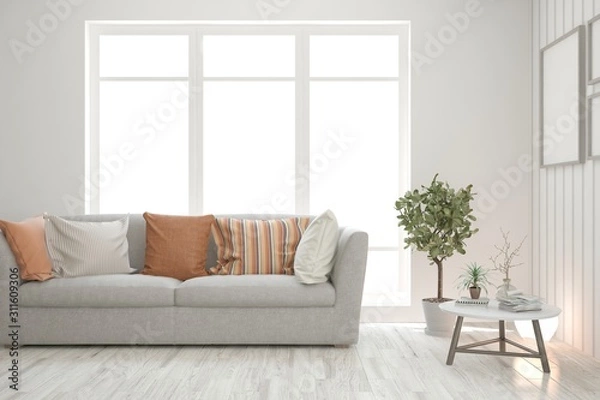 Fototapeta Stylish room in white color with sofa. Scandinavian interior design. 3D illustration