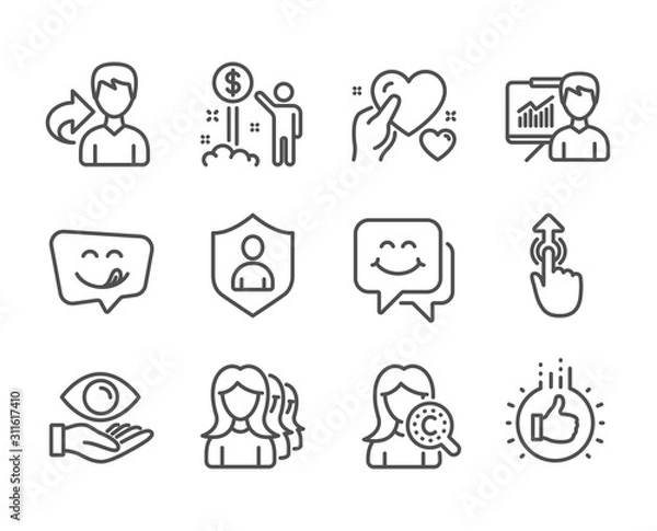 Fototapeta Set of People icons, such as Smile face, Yummy smile, Like hand, Income money, Health eye, Swipe up, Security, Collagen skin, Hold heart, Women headhunting, Presentation, Share line icons. Vector