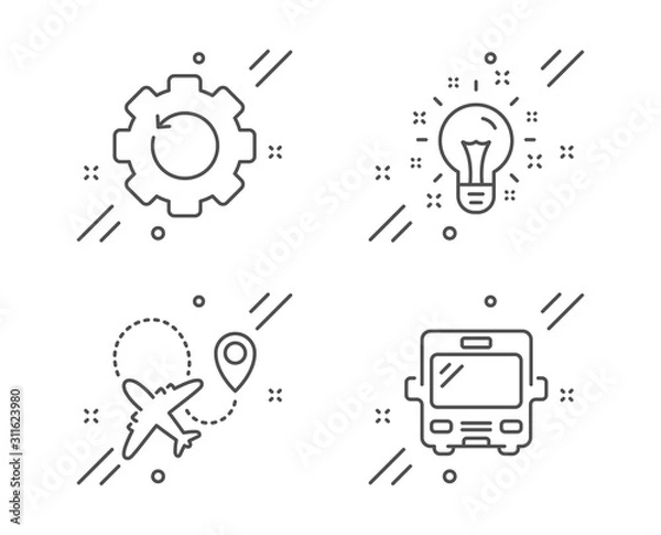 Fototapeta Recovery gear, Airplane and Idea line icons set. Bus sign. Backup info, Plane, Creativity. Tourism transport. Technology set. Line recovery gear outline icon. Vector