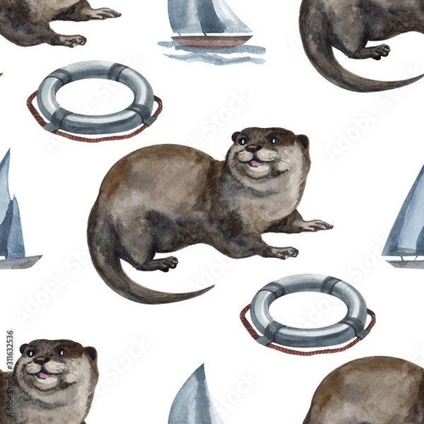 Fototapeta Watercolor seamless pattern with otter hand drawing decorative background. Print for textile, cloth, wallpaper, scrapbooking