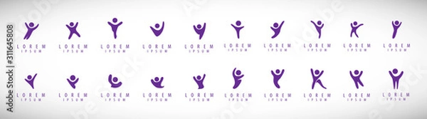 Fototapeta Abstract People Logo Set. Human Figure Isolated On Gray Background. Icons Collection For Human Success, Celebration Logo, Achievement Symbol And Activity. Different Happy People. Figure Logo, Vector
