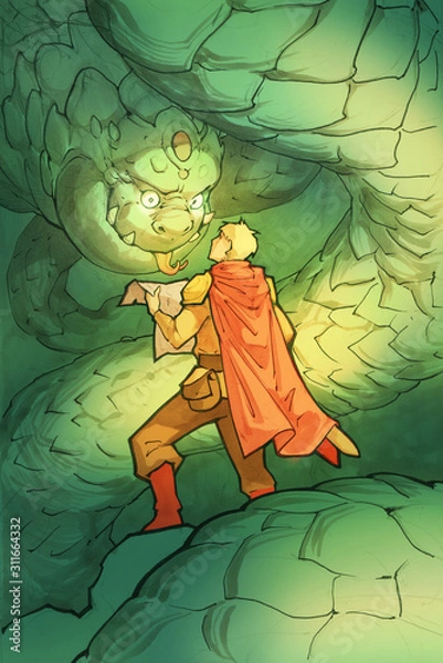 Fototapeta Original fantasy hand drawn illustration of a brave adventurer with a map in his hands confronting snake like giant green dragon