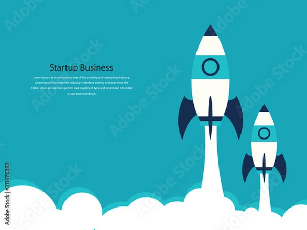 Obraz Up rocket and arrows on blue background illustration, copy space composition, business growth concept.