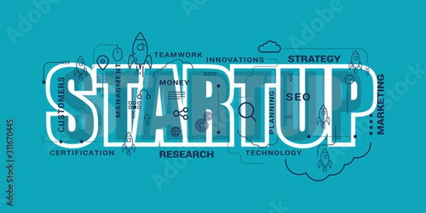 Obraz Startup business design concept with rocket