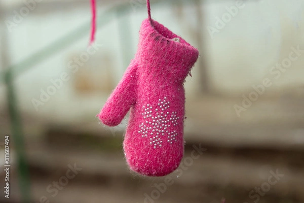 Fototapeta pink children's mitten hangs on a tree. Missing child. Lost child missing concept.