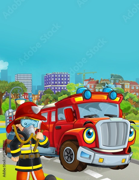 Fototapeta cartoon stage with fireman in the park - illustration for children