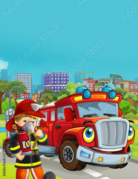 Fototapeta cartoon scene with fireman vehicle on the road driving through the city and fireman standing near by - illustration for children