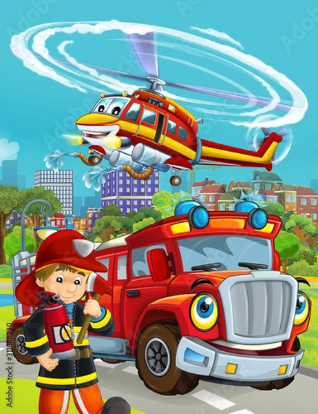 Fototapeta cartoon scene with fireman vehicle on the road driving through the city and helicopter flying over and fireman standing near - illustration for children