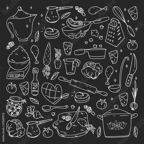 Fototapeta Pattern on blackboard drawn in chalk, with gastronomy icons, vector cuisine and fast food cafe bright background for menu, receipts.
