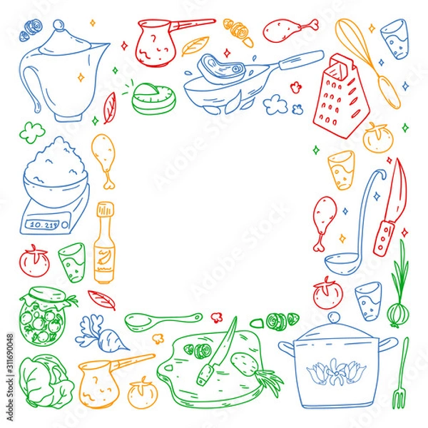 Fototapeta colored pattern drawn by crayons, gastronomy icons, vector cuisine and fast food cafe bright background for menu, receipts.