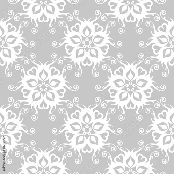 Fototapeta Monochrome seamless pattern. White flowers on gray background