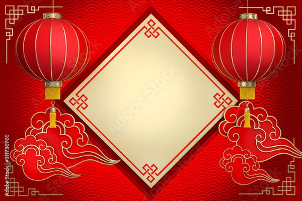 Fototapeta Chinese Lanterns, cloudy and gold space for greeting on red background 3d rendering. 3d illustration greeting for Happiness, Prosperity & Longevity. Chinese new year festival.