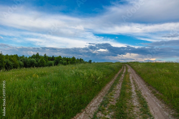 Obraz summer landscape in the mountains. dirt road in a beautiful mountain forest and field with a magical sunset and clouds in the sky. postcard about the summer