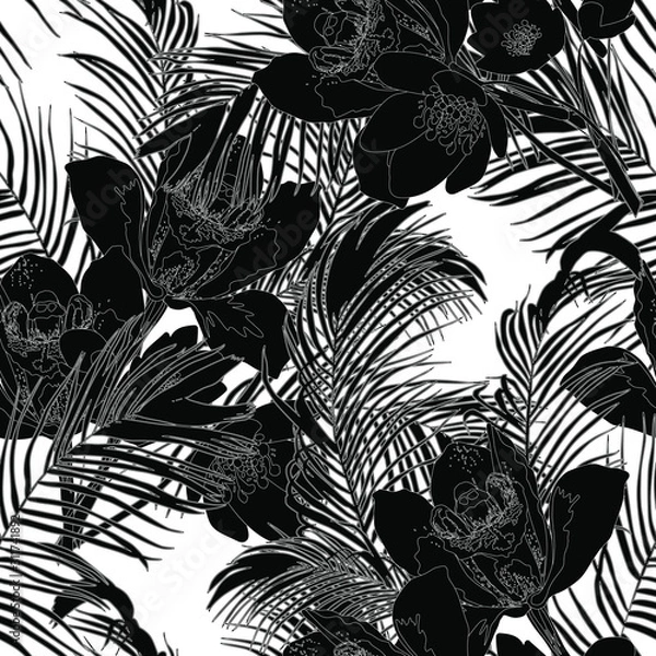 Fototapeta Black and white  seamless pattern with graphic leaves and exotic flowers . Abstract background texture.