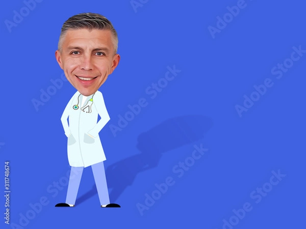 Fototapeta Caricature doctor man. Cartoon style body with real human big head in medical uniform full length illustration