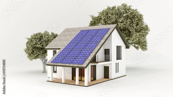 Fototapeta Solar energy system with photovoltaic solar panels on the roof of the house (3D Rendering)