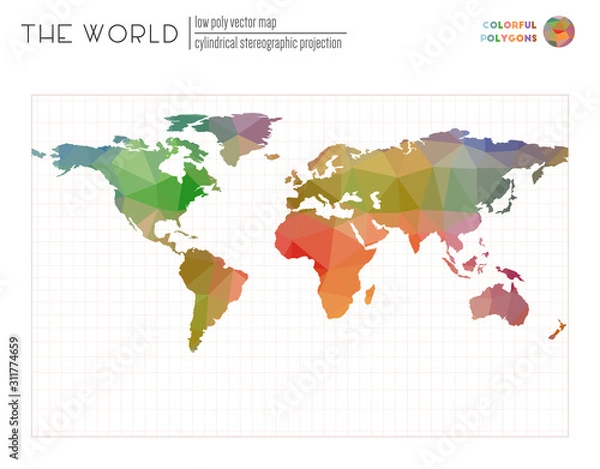 Fototapeta Polygonal world map. Cylindrical stereographic projection of the world. Colorful colored polygons. Trending vector illustration.