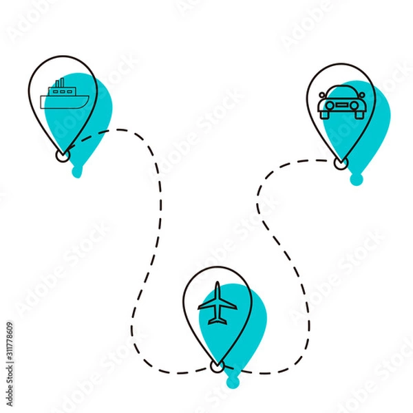 Fototapeta  The route of the trip with different transport. Logistics of movement. The connection between locations. Icons with dotted line. Design element. Vector illustration. Isolated on white background.