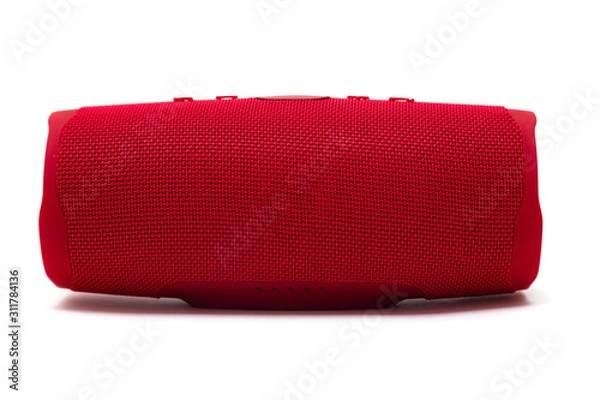 Fototapeta Portable bluetooth red speaker isolated on white background.
