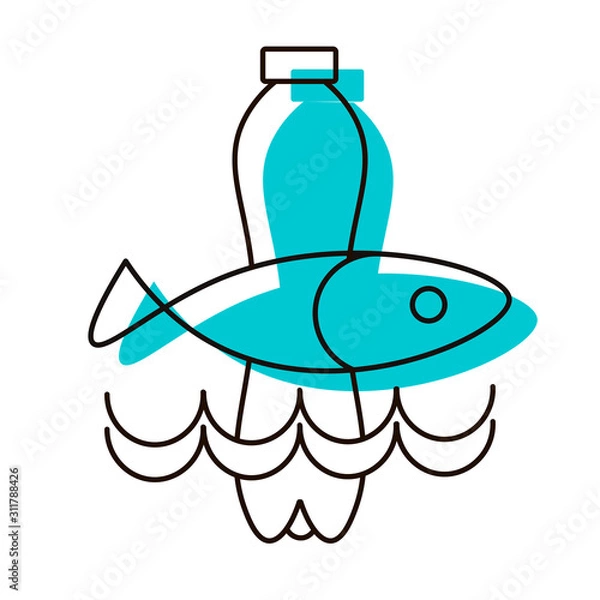Fototapeta The problem of water and ocean pollution with plastic. Fish and bottle. Design element. Vector illustration. Icon with shadow isolated on white background.