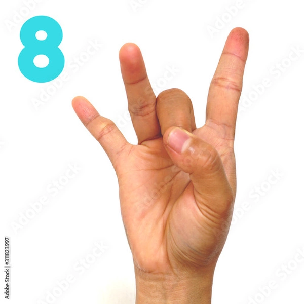 Fototapeta Sign language number 8 for the deaf . Fingerspelling in American Sign Language (ASL). Hand gesture number eight on a white background.