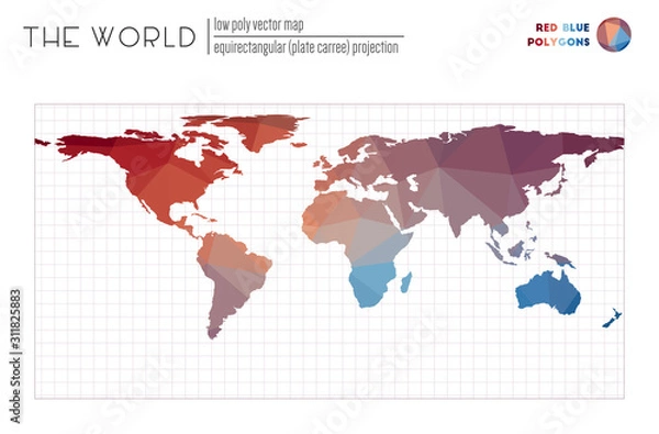 Obraz Polygonal world map. Equirectangular (plate carree) projection of the world. Red and blue colored polygons. Energetic vector illustration.
