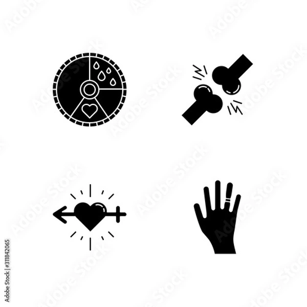 Obraz Predmenstrual syndrome glyph icons set. Menstrual cycle. Joint pain. Libido racing. Sex drive. Swollen hand. Muscle strain. Sport trauma. Silhouette symbols. Vector isolated illustration