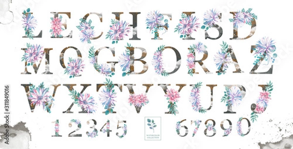Fototapeta Beauty letters with watercolor pink flowers and elegant alphabet numbers with floral and leaves isolated ABC on background. Wedding, invite and birthday card for calebration