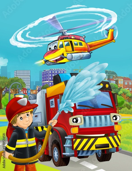 Fototapeta cartoon scene with fireman vehicle on the road - illustration for children