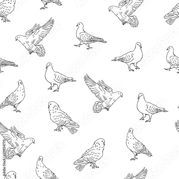 Fototapeta city street pigeons black lines silhouettes on white background seamless pattern,  urban doves birds, editable vector illustration for fabric, textile, decoration, paper