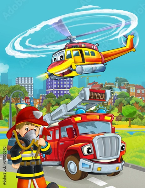 Fototapeta cartoon scene with fireman vehicle on the road - illustration for children