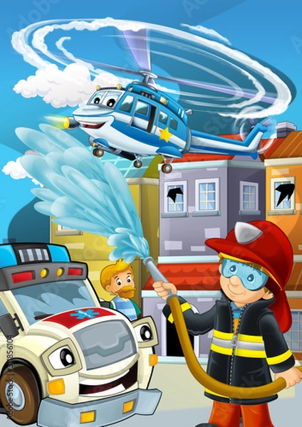 Fototapeta cartoon stage with fireman fire fighting near some building smoking - illustration for children