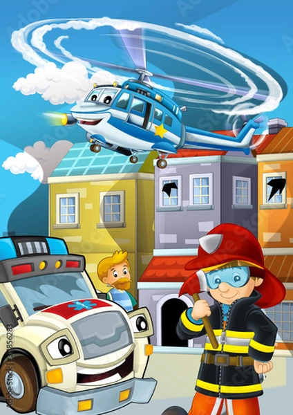 Fototapeta cartoon stage with fireman fire fighting near some building smoking - illustration for children