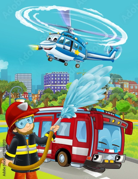 Fototapeta cartoon scene with fire brigade car vehicle on the road and fireman worker - illustration for children