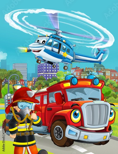 Obraz cartoon scene with fireman vehicle on the road - illustration for children