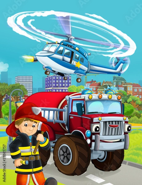 Fototapeta cartoon scene with fireman vehicle on the road - illustration for children