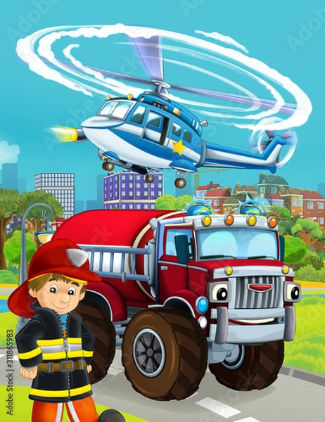 Fototapeta cartoon scene with fireman vehicle on the road - illustration for children