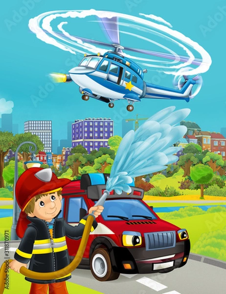 Fototapeta cartoon scene with fireman vehicle on the road - illustration for children