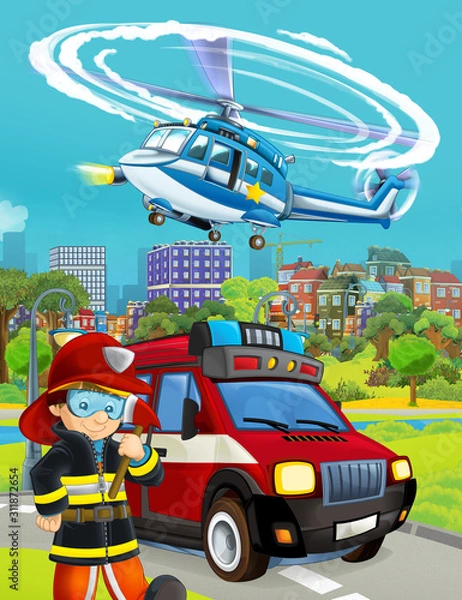 Fototapeta cartoon scene with fireman vehicle on the road - illustration for children