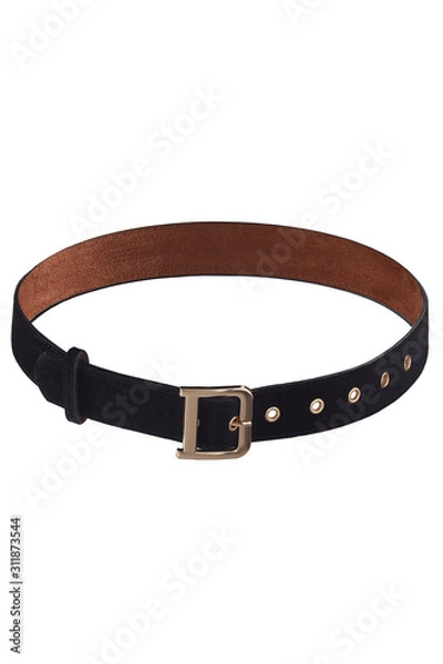 Fototapeta Subject shot of a showy black velvet belt with a golden buckle and golden eyelets. The stylish belt is isolated on the white background.
