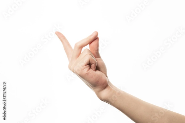 Obraz Human hand in snapping finger gesture isolate on white background