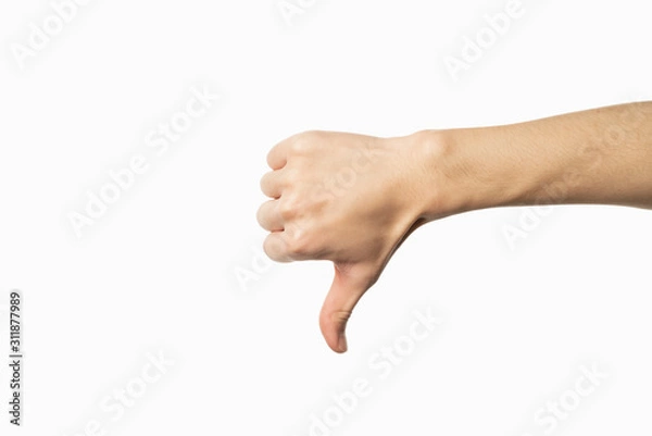 Obraz Hand of man showing thumb-down gesture on white background