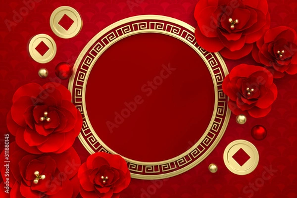 Fototapeta Red Meihua flower, Chinese golden coins and free space for greetings on red background 3d rendering. 3d illustration greeting for Happiness, Prosperity & Longevity. Chinese new year festival.