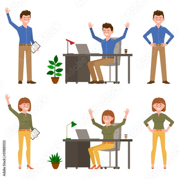 Fototapeta Very happy, smiling office man and woman vector illustration. Standing side, front view, waving hello, hands on hips young male and female cartoon character set on white