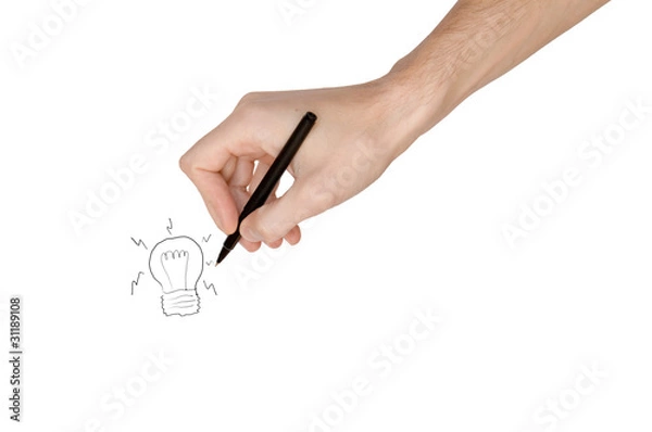 Fototapeta Man's hand drowing a light bulb, isolated on white