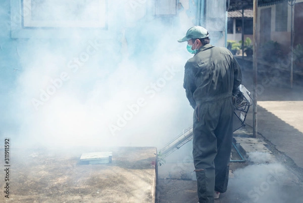 Fototapeta Man work fogging to eliminate mosquito for preventing spread dengue fever