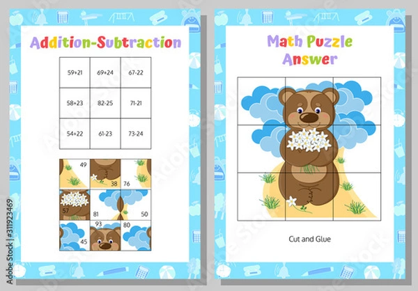 Fototapeta Addition, Subtraction Math Puzzle Worksheet. Educational Game. Mathematical Game. Vector illustration.